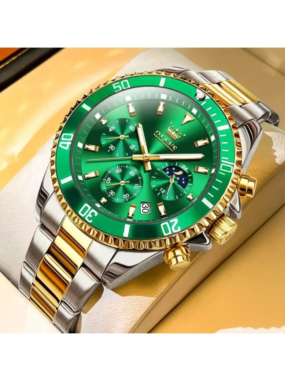 Mens Silver And Green Stainless Steel Chronograph Analog Waterproof Luxury Watch